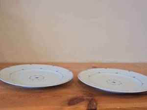 Lot of (2) 12 Porcelain Dinner Plates by Porsgrund (Norway)  Blue Floral and Ring Design  Mini Straw (Ministra) pattern
