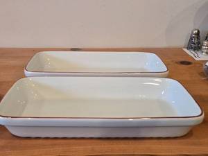 Lot of (2) Vintage Oven-Proof Porcelain Dishes by Porsgrund (Norway)  Red Striped Design  Ribbed Underside  (rectangle)