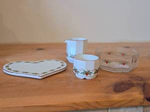 Heart Shaped Trivet, Creamer, Sugar Bowl, Clear Glass Octagon Shaped Bowl - Heart & Pine by Porsgrund (Norway)