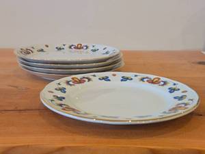 Lot of (5) 8 14 Porcelain Breakfast Plates by Porsgrund (Norway)  Farmers Rose Pattern with 24K Gold Rim Scalloped Edge