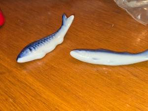 Lot of (2) Vintage Fish theme Ceramic Chop Stick Holders (Japan) (blue and white)