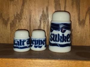 Vintage Porcelain Sukker Sugar Shaker  Salt and Pepper Shakers (x2) by Porsgrund (Norway) (blue and white)