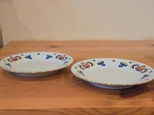 Lot of (2) 6 34 Porcelain Salad Plates by Porsgrund (Norway)  Farmers Rose Pattern with 24K Gold Rim Scalloped Edge