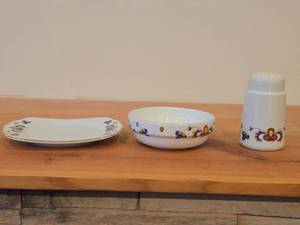 Porcelain Salt Shaker, Butter Tray, Small Bowl by Porsgrund (Norway)  Farmers Rose Pattern with 24K Gold Rim
