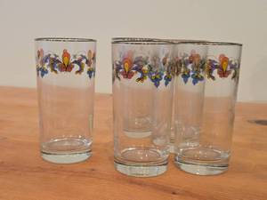 Lot of (5) Clear Glass Drinking Glasses by Porsgrund (Norway)  Farmers Rose Pattern with 24K Gold Rim