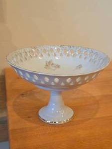 Vintage Pedestal Compote Bowl by Lefton (Japan) - Reticulated Border  Gold Painted Accents Finish Porcelain