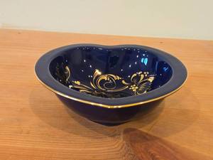 Vintage Trinket Dish by Porsgrund (Norway)  Gold Painted Floral design  (cobalt blue) (heart shape)