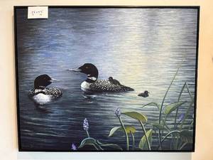Kevin Dodds - Two Loons on Lake Framed Canvas Signed Print (37 x 47 in)