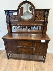 1900's Antique Oak Sideboard with Mirror & Wine Glass Rack - 38 in H x 60 in W x 21 in D