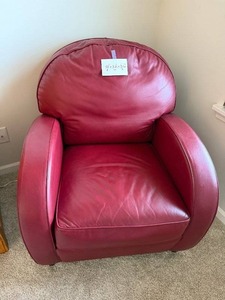 lot 8 image: Red Leather Club Chair - 38x32x36 (H x W x D)