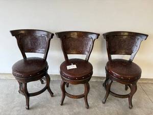 lot 9 image: Vintage Carved Wood Chairs with Tooled Leather - Set of 3