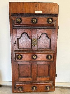 lot 10 image: MAGNIFICENT Antique Solid Rosewood Door From India w Orig Brass Hardware & Wall Mountable