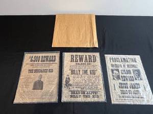 lot 17 image: The Sundance Kid, Billy the Kid & Jesse James Replica Wanted Posters (Lot of 3)