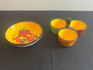 lot 20 image: Fiesta Ole 3-Section Condiment Dish w Coordinating Large Bowl - Tara Reed Design