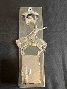 lot 33 image: Cowboy on Horseback Bottle Opener Wall Plaque - Western Rustic Decor, 11-12 in tall
