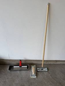 lot 46 image: Tile Tools Set - Mud Pan, Floor Squeegee Head, Grout Float & Wood Handle