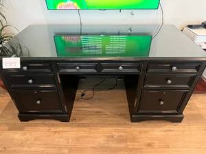 lot 52 image: Black Wood Executive Desk with Glass Top, Dual Pedestals, 6 Drawers