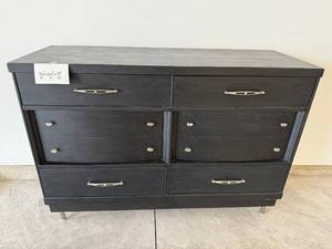 lot 60 image: Black Painted Wood Dresser - 50W x 36H x 18D, Silver Hardware, 6-Drawer