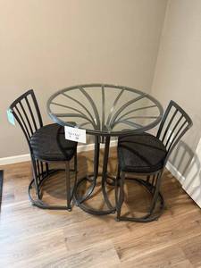 lot 62 image: Round Glass-Top Bistro Table Set with 2 Slat-Back Stools - 36in Dia x 30in H