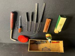 lot 74 image: Vintage Tool Set with Leather Pouch & Grays Drug Stores Glycerin Bottle