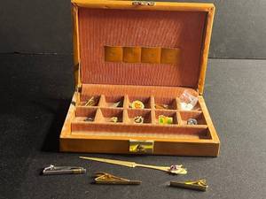 lot 75 image: Vintage Lapel Pin Collection in B.J.G. Leather Box - Minneapolis Public Schools 25 Years