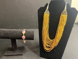 lot 84 image: Gold-Tone Fringe Jewelry Set - Necklace & Bracelet with Purple Stones