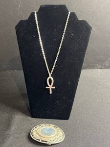 lot 89 image: Ankh Pendant Necklace - Rose Gold Tone On Silver Chain