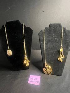 lot 99 image: Lariat Necklace Set - 2-Piece Gold-Tone Chains with Floral Pendant & Charm Drops