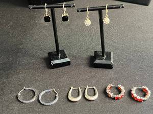 lot 100 image: Assorted Gemstone & Crystal Earrings - Red Blue Purple Hoops & Black Stone Drops