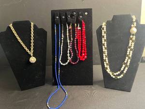 lot 101 image: Sarah Coventry Gold Tone Chain Necklace - Crystal Ball Pendant, Pearl & Bead Chains