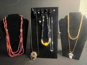 lot 103 image: Beaded Necklace Lot - Red Multi-Strand, Owl Pendant, Horse Cameo & Gold Bead Chains