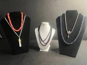 lot 106 image: Beaded Necklace Set - Black Multi-Strand, Red Coral Beads, Gold-Tone Tassel Pendants