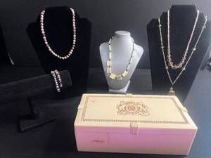 lot 107 image: VTG PM & Co Ornate Box & Bead Jewelry Set - Pink & Cream Necklaces with Crystal Tassel Pendant