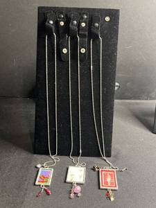 lot 112 image: Framed Art glass Pendant Necklaces (Lot of 3) - Assorted Printed Cards