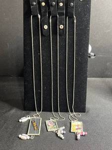 lot 114 image: Flower Fairy Pendant Necklace Set - Framed Art Glass Charms, 3-Piece Vintage Jewelry