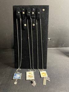 lot 115 image: Assorted Art Glass Tile Pendant Necklaces (Lot of 3) Vintage Print Charms on Bead Chains