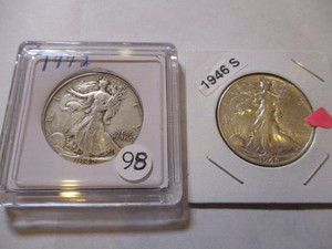 lot 97 image: 1942 & 1946-S WALKING LIBERTY HALF DOLLARS
