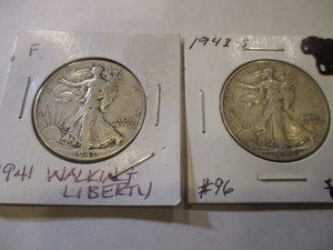 lot 101 image: 1941 & 1942-S WALKING LIBERTY HALF DOLLARS
