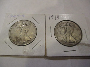 lot 102 image: 1945-S & 1918 WALKING LIBERTY HALF DOLLARS