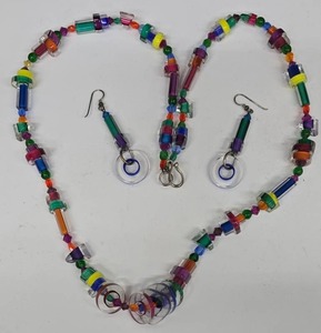 SC - Lampwork Glass Beaded Necklace & Earrings Set - 31 in Necklace, 2-14 in Earrings