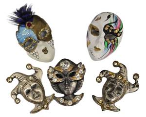 SC - De Coranto Mask Brooches - Lot of 5 - White, Jester & Female Masks - Made in Italy