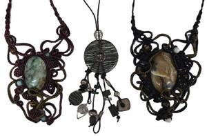 SC - Macrame Necklace Set - Moss Agate 24 in - Jasper & Tiger Eye 21 in - Leather Pendant 4.5 in (Lot of 3)