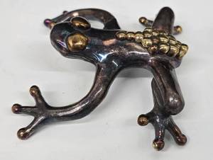 Sterling Silver Frog Brooch 3 x 3.5 in - 925, Gold Bead Accent