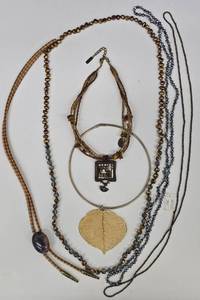 SC - Bohemian Beaded Necklaces one Bolo with Stone, Leaf Pendant & Mosaic Pendant