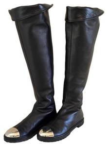 Guiseppe Zanotti Black Leather Knee-High Boots with Silver Metal Toe Caps - Size 37.5