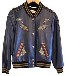 Coach Shrunken Leather Varsity Jacket in Metallic Cadet Blue