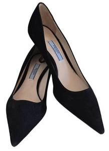 Prada Black Suede Pointed-Toe Kitten Heel Pumps  Prada Black Suede Pointed Toe Pump