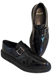 Saint Laurent Paris Black Patent Buckle Monk Strap Loafers - Size 38