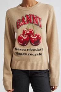 Ganni Intarsia Knit Wool Blend Cherry Sweater - Beige - Size L - Made in Romania