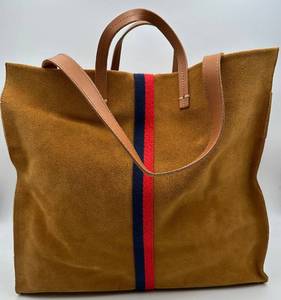 Claire V Simple Tote - Chestnut Suede with NavyRed Sporty Stripe